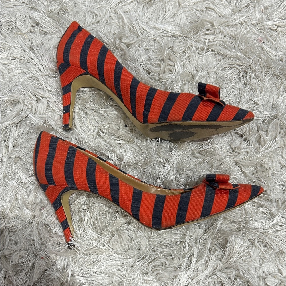 J.Crew Striped Red and Navy Blue Bow Women's Heels - Picture 3 of 6